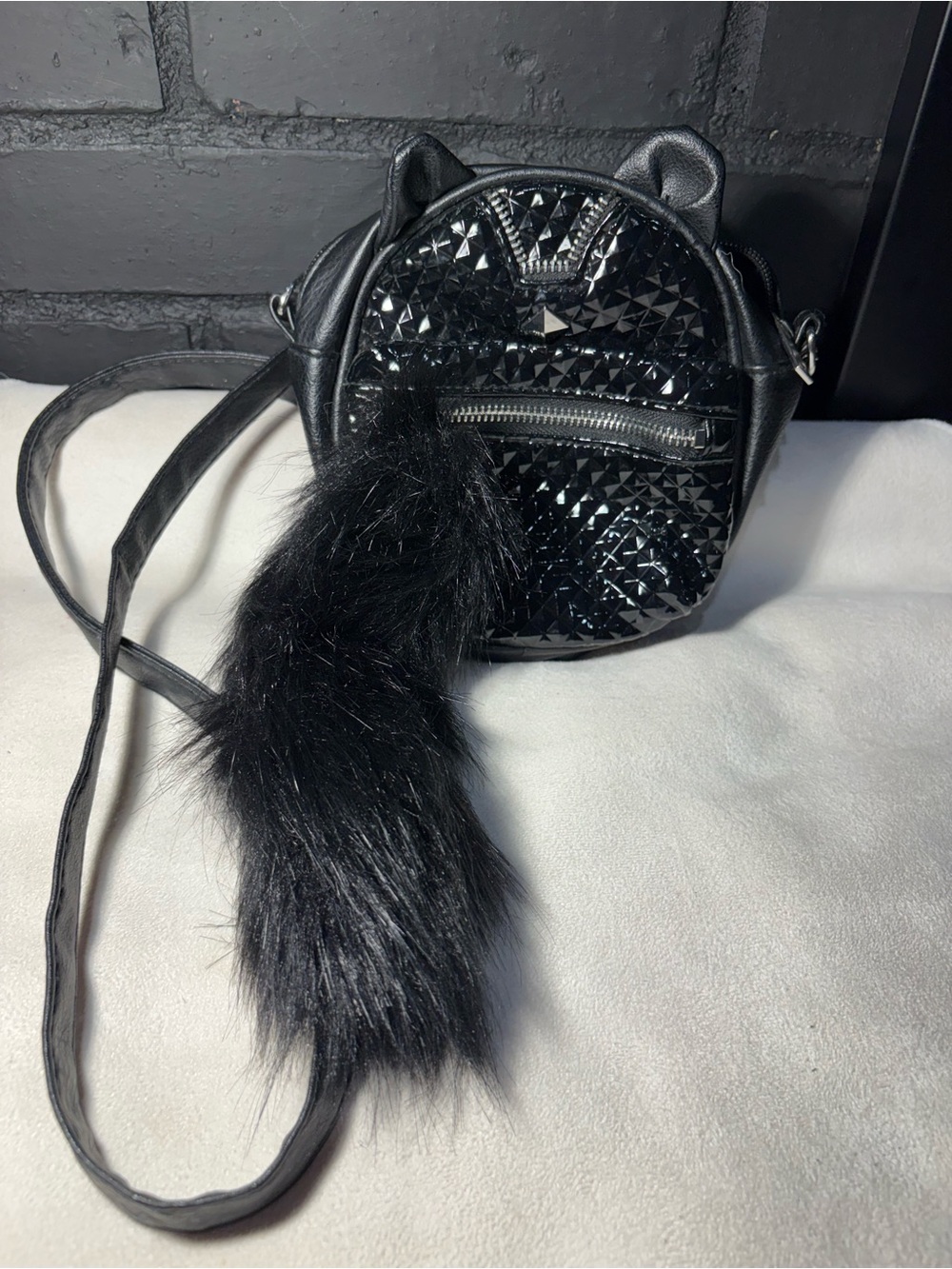 Claire's Black Cat-Ear Crossbody Bag with Faux Fur Tail